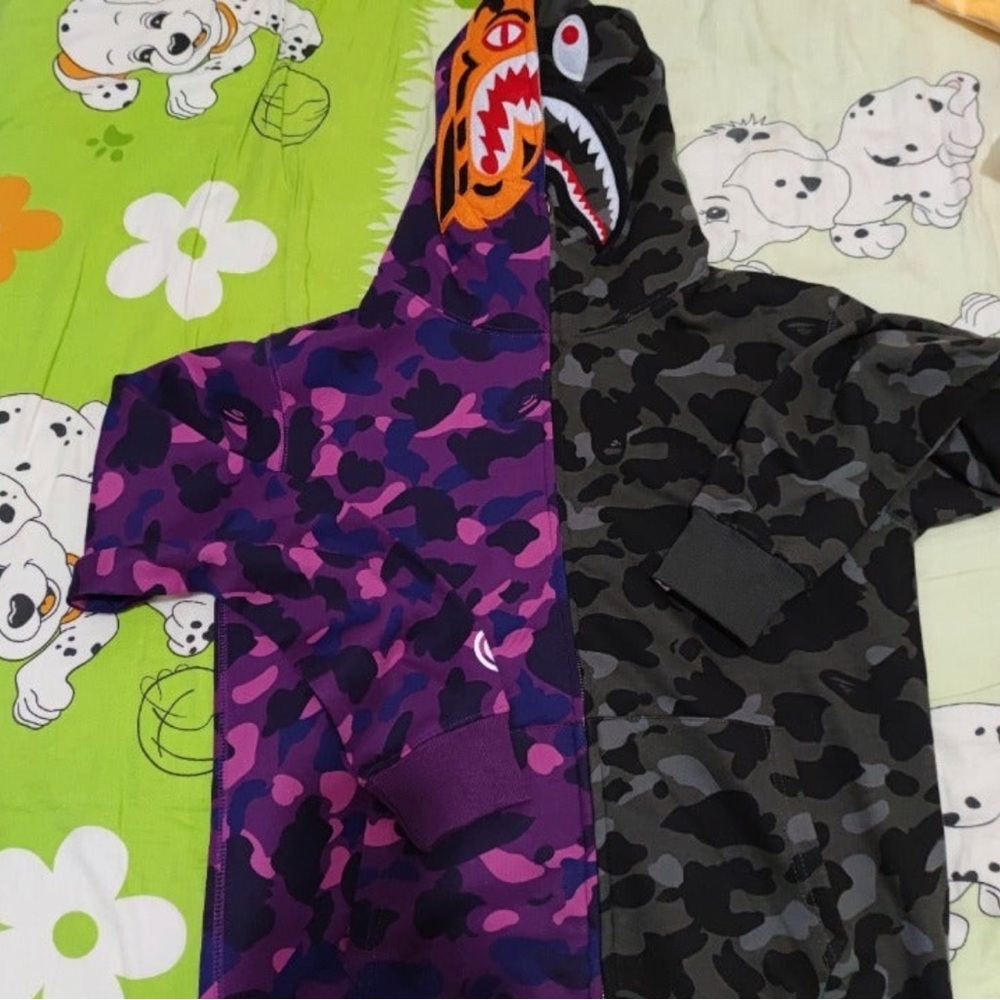 BAPE Purple/Black Camo Tiger Shark Half Full Zip Hoodie (SS21)